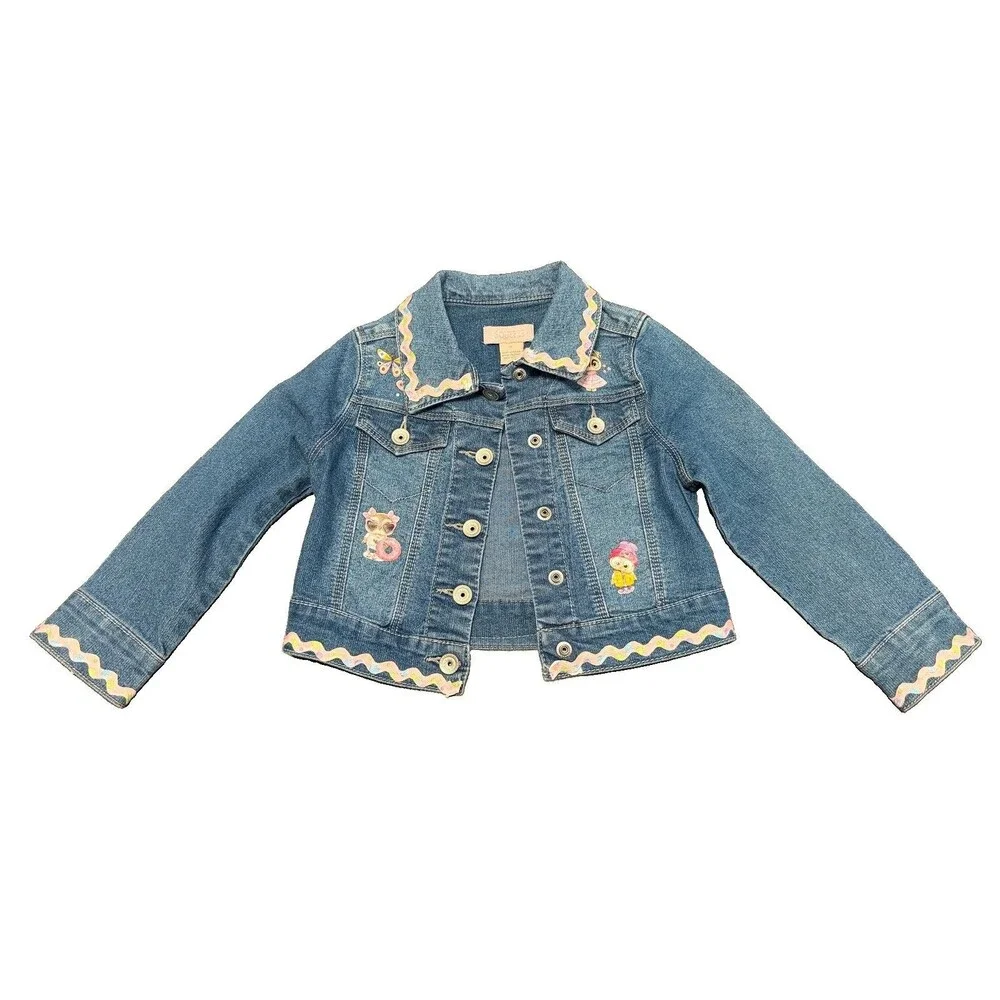 Upcycled Custom Design Squeeze Girl’s Denim Jacket- Sz 4- Pink Trim, Owls, Vinyl